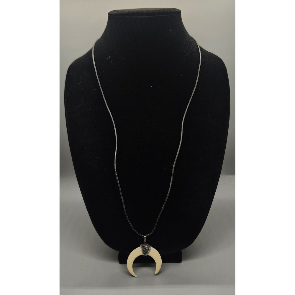 Crescent Moon Horn Pendant Necklace Rhinestone Embellished Black Cord